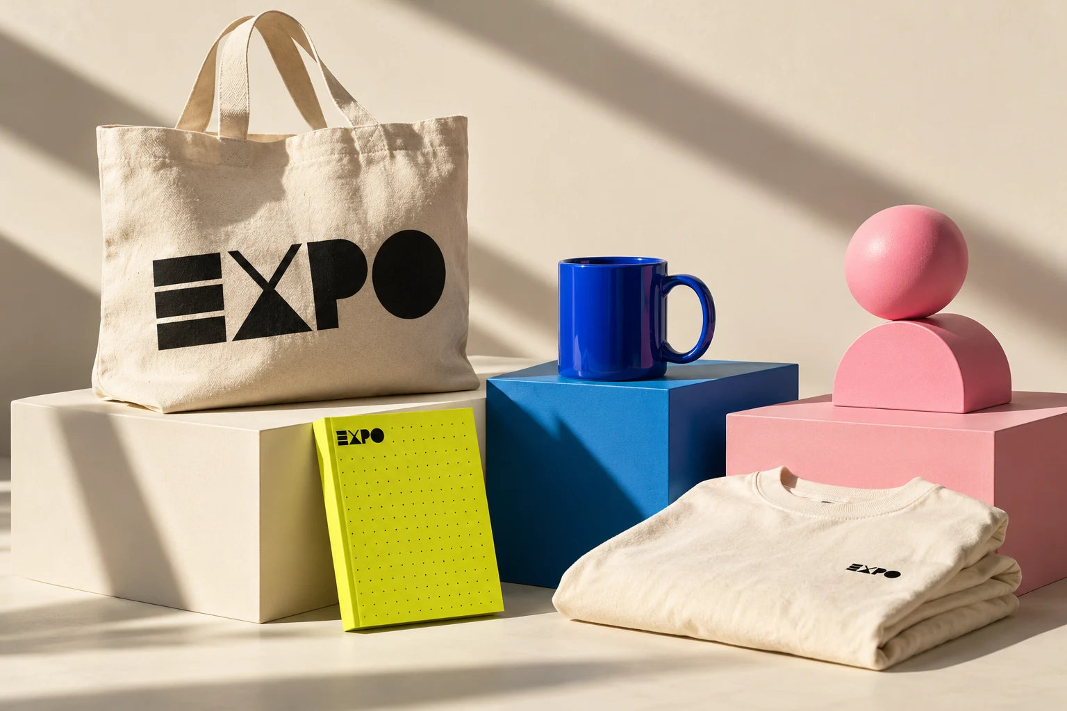EXPO tote, cobalt mug, lime notebook and folded tee on colour blocks